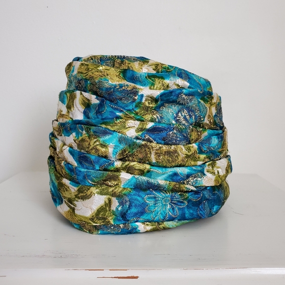 50s 60s Vintage Union Made Metallic Gold Garden Print Turban Hat - Picture 12 of 13